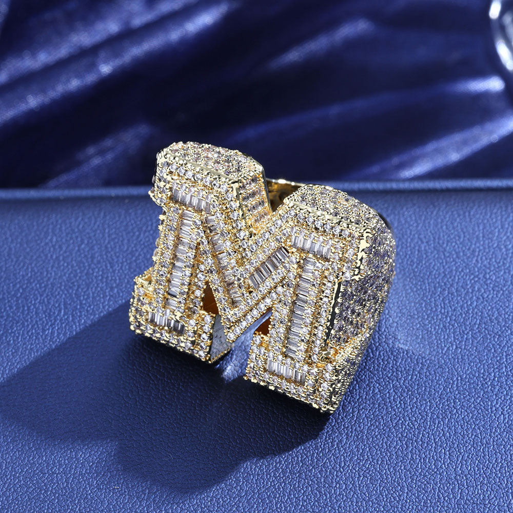 Iced Out Baguette Moissanite Initial Letter Ring – S925 Sterling Silver Custom Alphabet Ring, Hip Hop Pinky Ring for Men, US 7-11