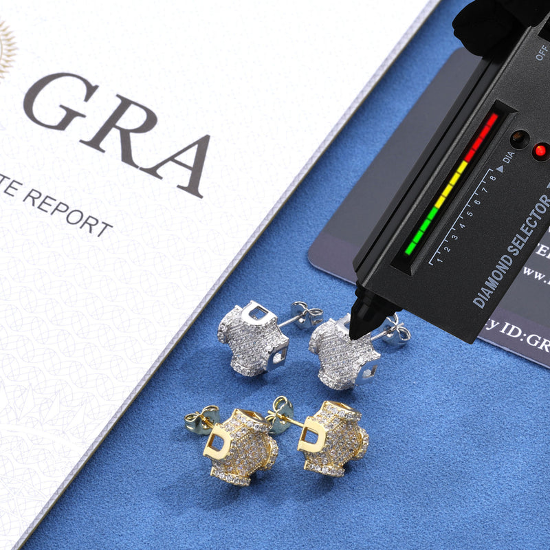 Iced Out Geometric D-Letter Cube Stud Earrings – 925 Sterling Silver Hip Hop Mens Studs | VVS Moissanite | GRA Certified | Pair