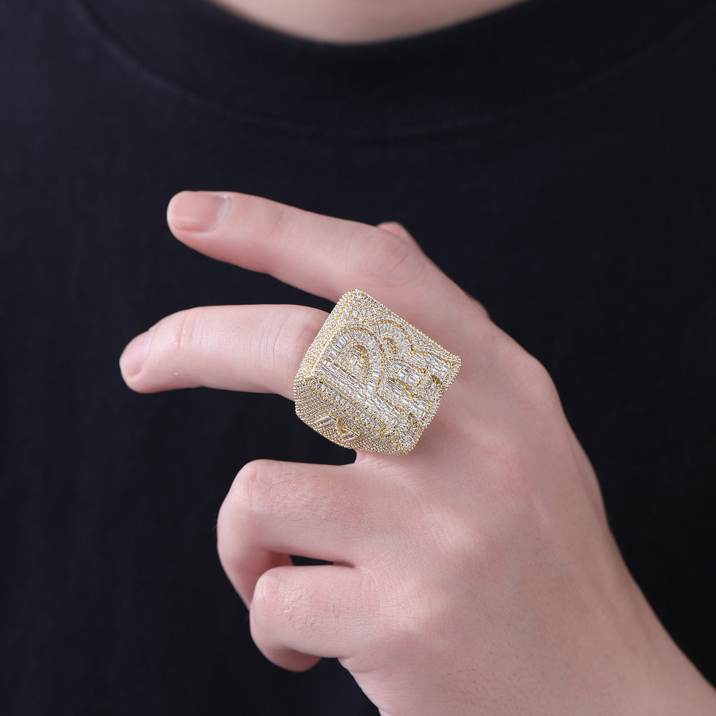 Iced Out Custom Letter Ring — Baguette CZ Initial Ring for Men, Gold Plated Hip Hop Bling Pinky Ring, Sizes 7-10