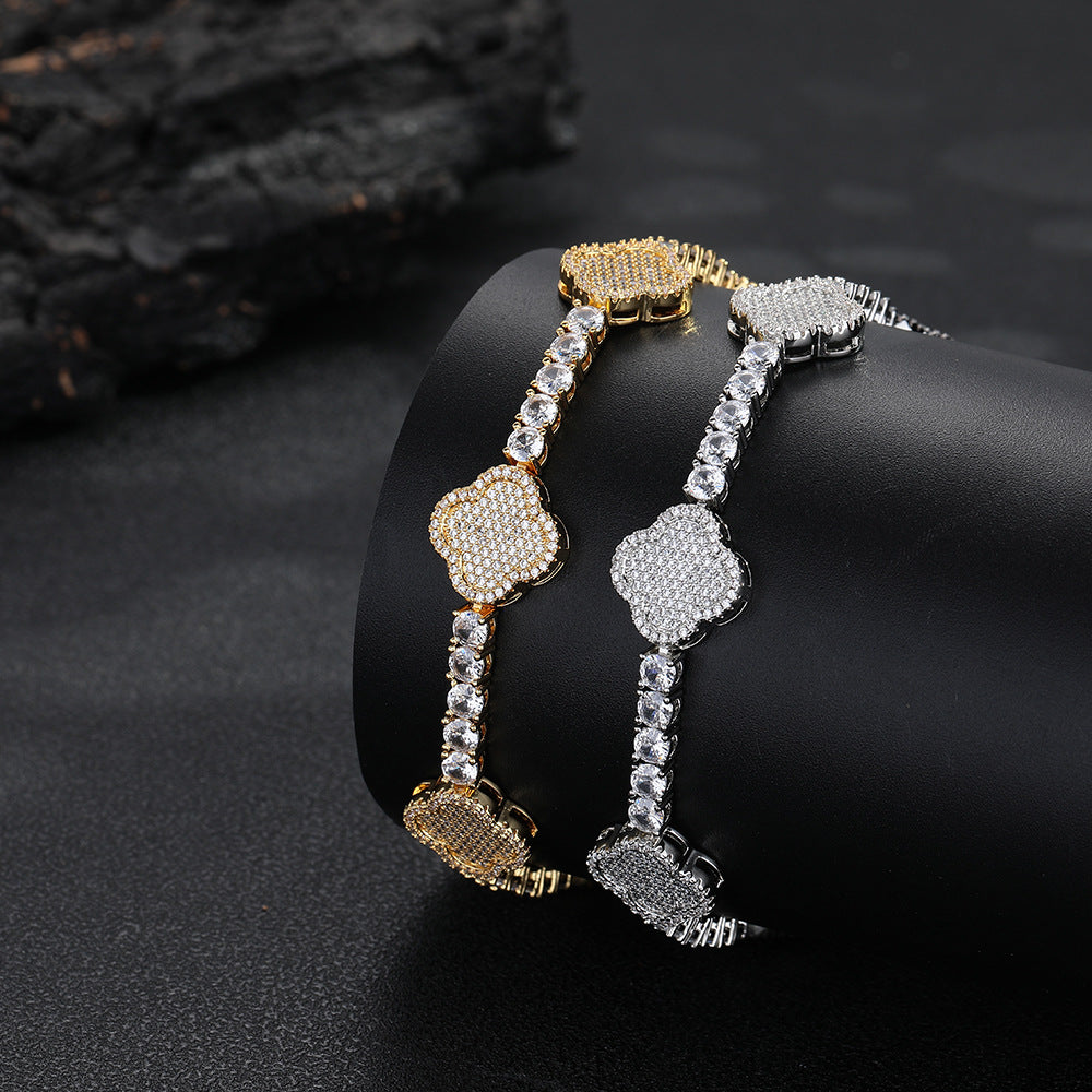 Iced Out Four Leaf Clover Tennis Chain & Bracelet Set – Gold Plated CZ Hip Hop Jewelry for Men