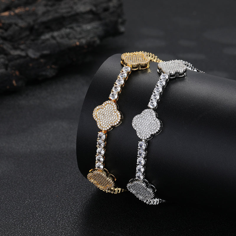 Iced Out Four Leaf Clover Tennis Chain & Bracelet Set – Gold Plated CZ Hip Hop Jewelry for Men