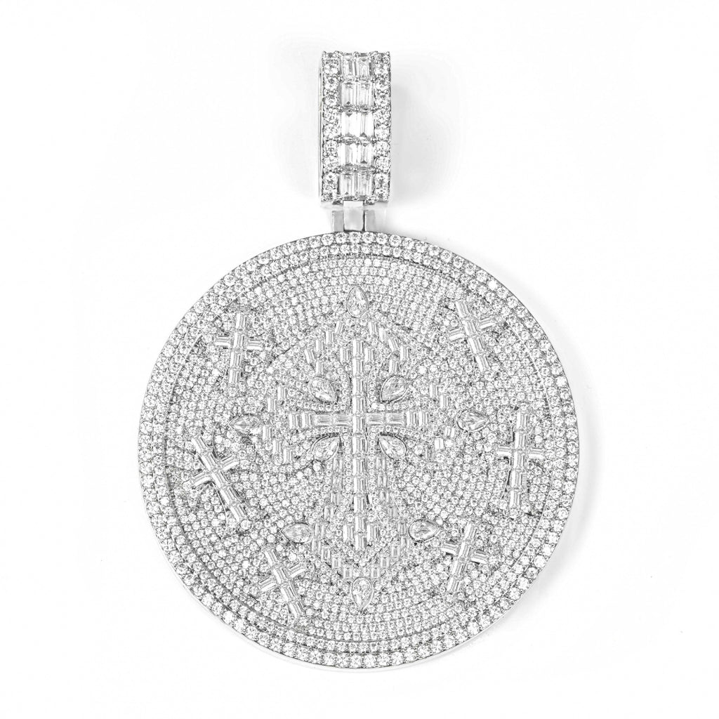 Iced Out Moissanite Round Cross Pendant — VVS Gold Plated Hip Hop Medallion Necklace 24" Rope Chain, White Gold / Two-Tone