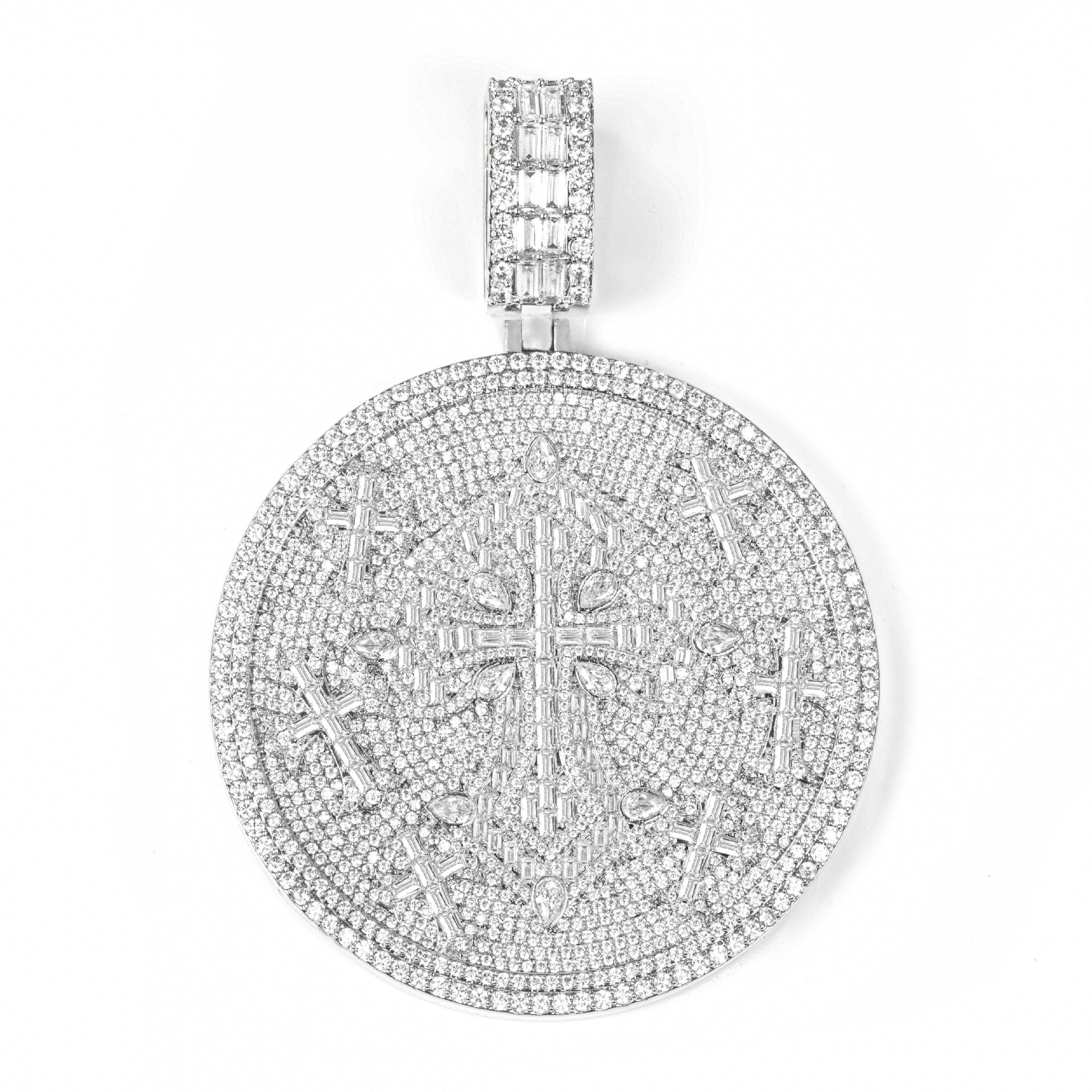 Iced Out Moissanite Round Cross Pendant — VVS Gold Plated Hip Hop Medallion Necklace 24" Rope Chain, White Gold / Two-Tone