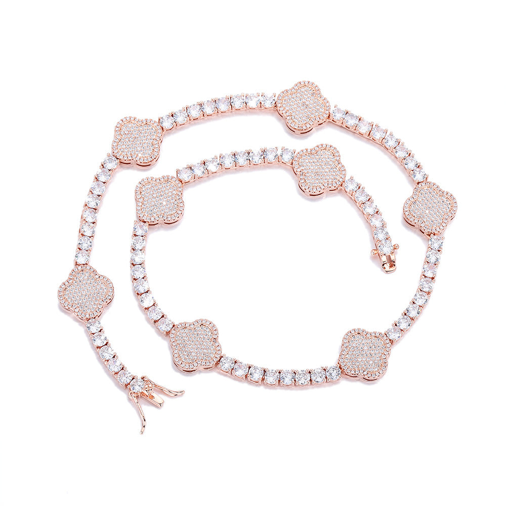 Iced Out Four Leaf Clover Tennis Chain & Bracelet Set – Gold Plated CZ Hip Hop Jewelry for Men