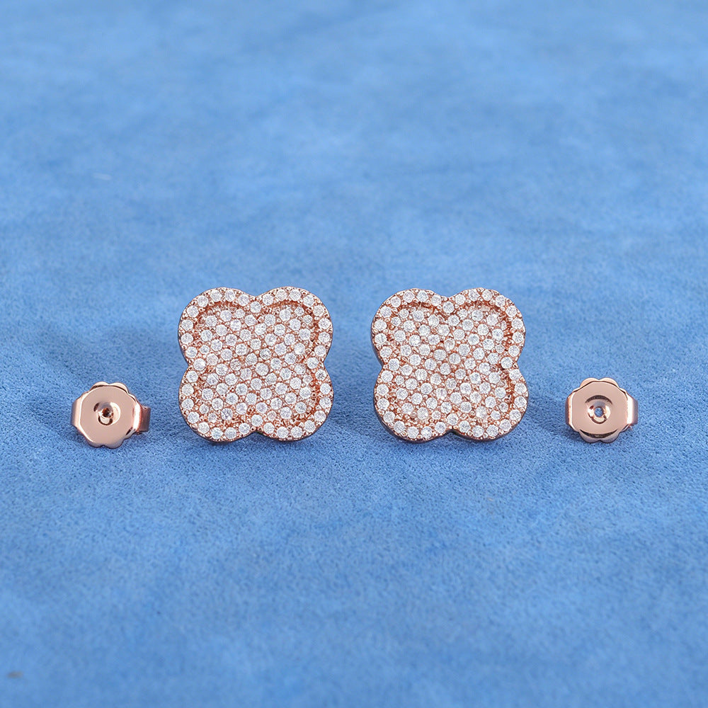 Iced Out Four Leaf Clover Moissanite Stud Earrings – S925 Silver Full-Pave Hip Hop Clover Shape Earrings for Men & Women, Pass Diamond Tester