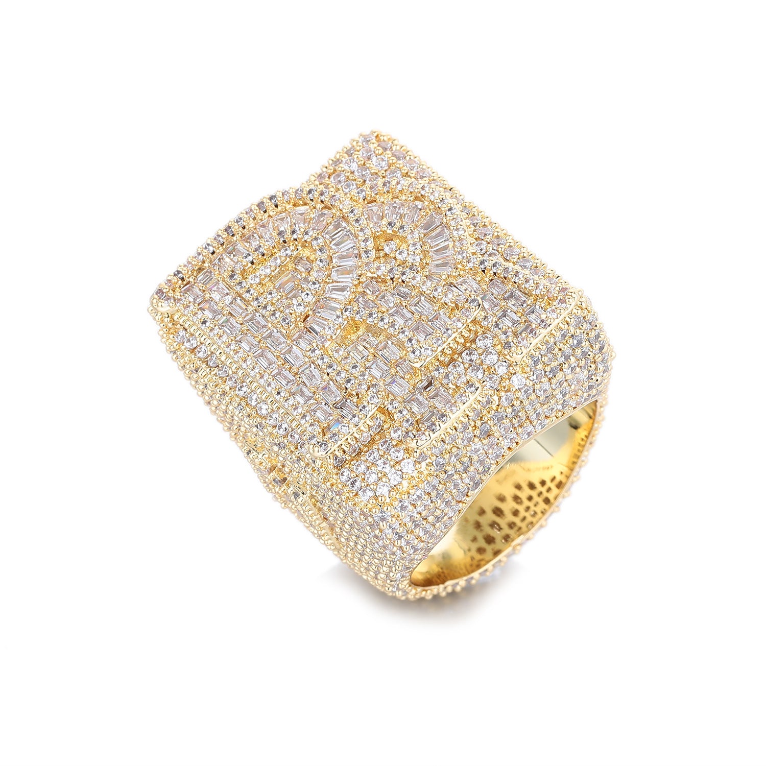 Iced Out Custom Letter Ring — Baguette CZ Initial Ring for Men, Gold Plated Hip Hop Bling Pinky Ring, Sizes 7-10