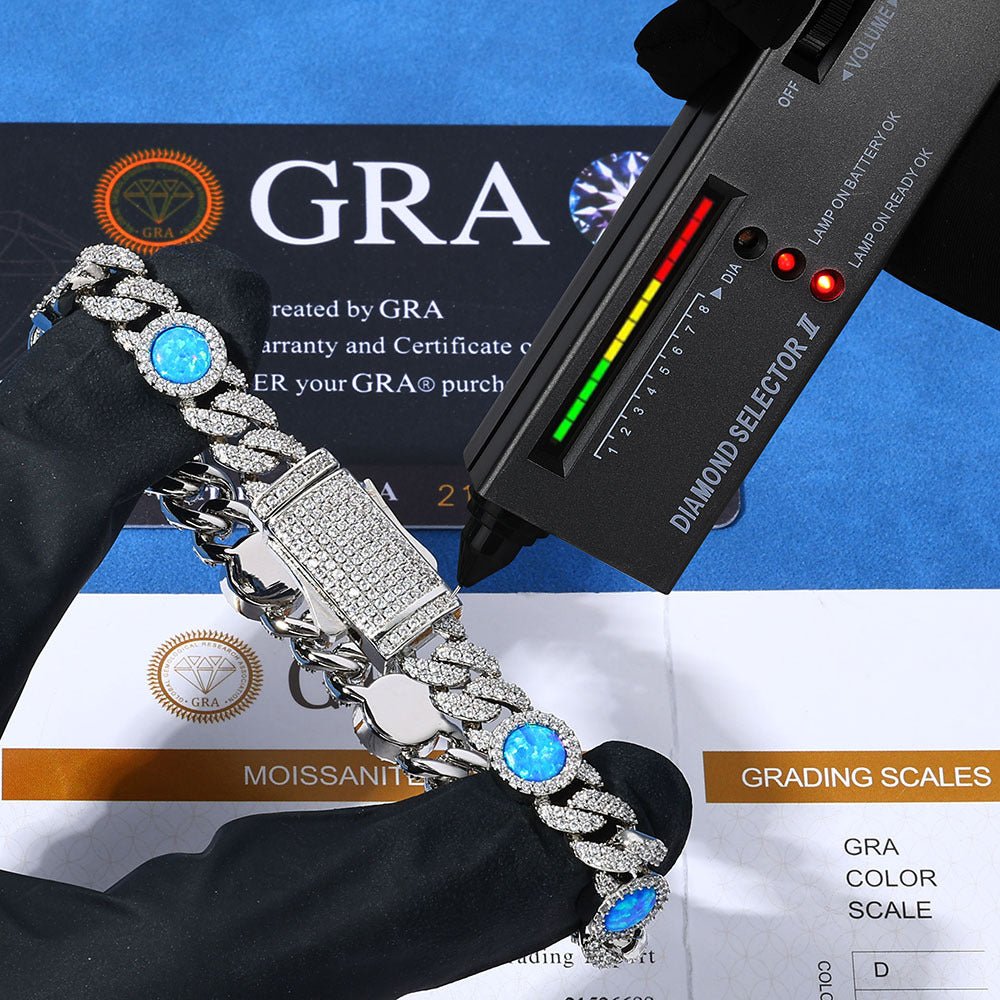 Blue Opal Moissanite Cuban Link Bracelet – S925 Sterling Silver Iced Out Gemstone Bangle | Esekeem Gold - KRWN Fine Jewelry
