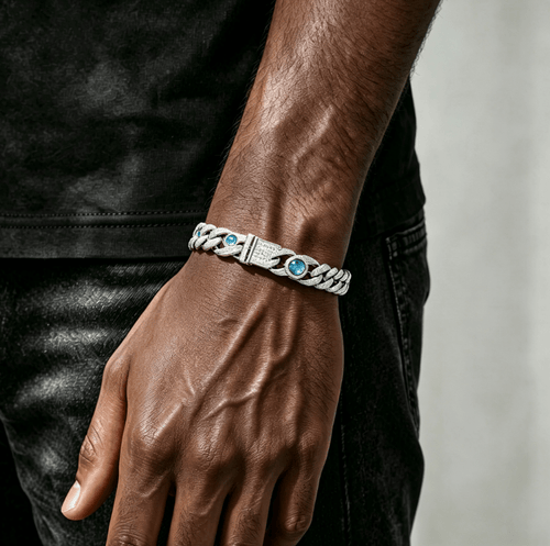 Blue Opal Moissanite Cuban Link Bracelet – S925 Sterling Silver Iced Out Gemstone Bangle | Esekeem | GRA Certified White Gold - KRWN Fine Jewelry
