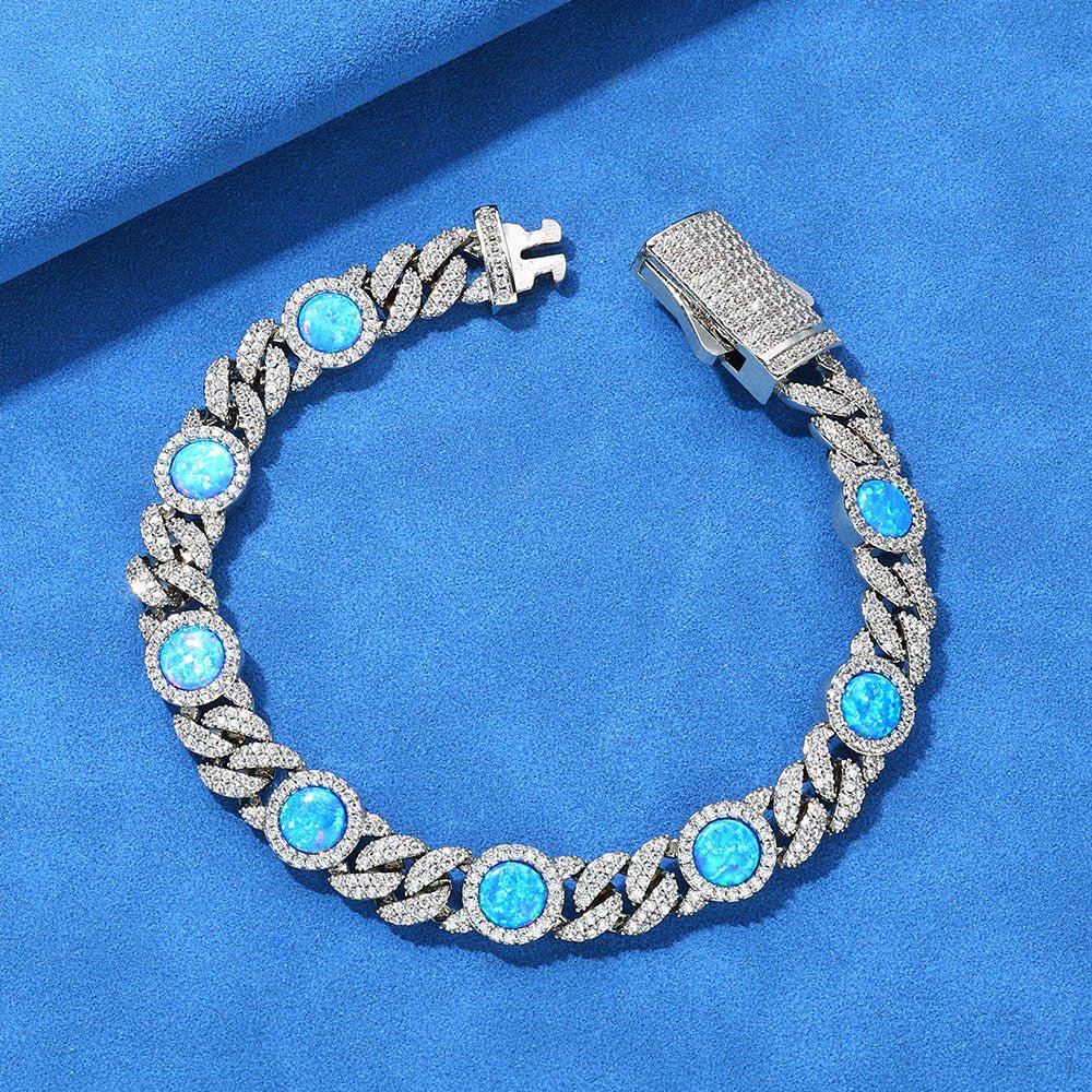 Blue Opal Moissanite Cuban Link Bracelet – S925 Sterling Silver Iced Out Gemstone Bangle | Esekeem White Gold - KRWN Fine Jewelry