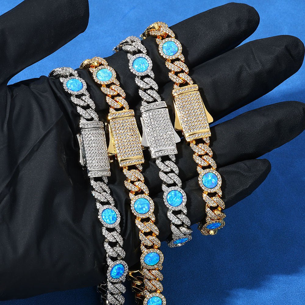 Blue Opal Moissanite Cuban Link Bracelet – S925 Sterling Silver Iced Out Gemstone Bangle | Esekeem White Gold - KRWN Fine Jewelry