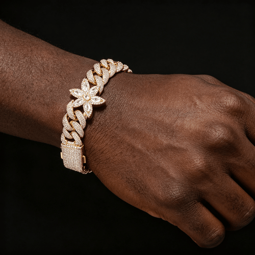 CHA458 Iced Out Cuban Link Bracelet | 18K Gold Plated CZ Flower Bubble Cuban Chain | Hip Hop Rapper Style Chain Bracelet for Men Women 7-9 Inch Gold - KRWN Fine Jewelry