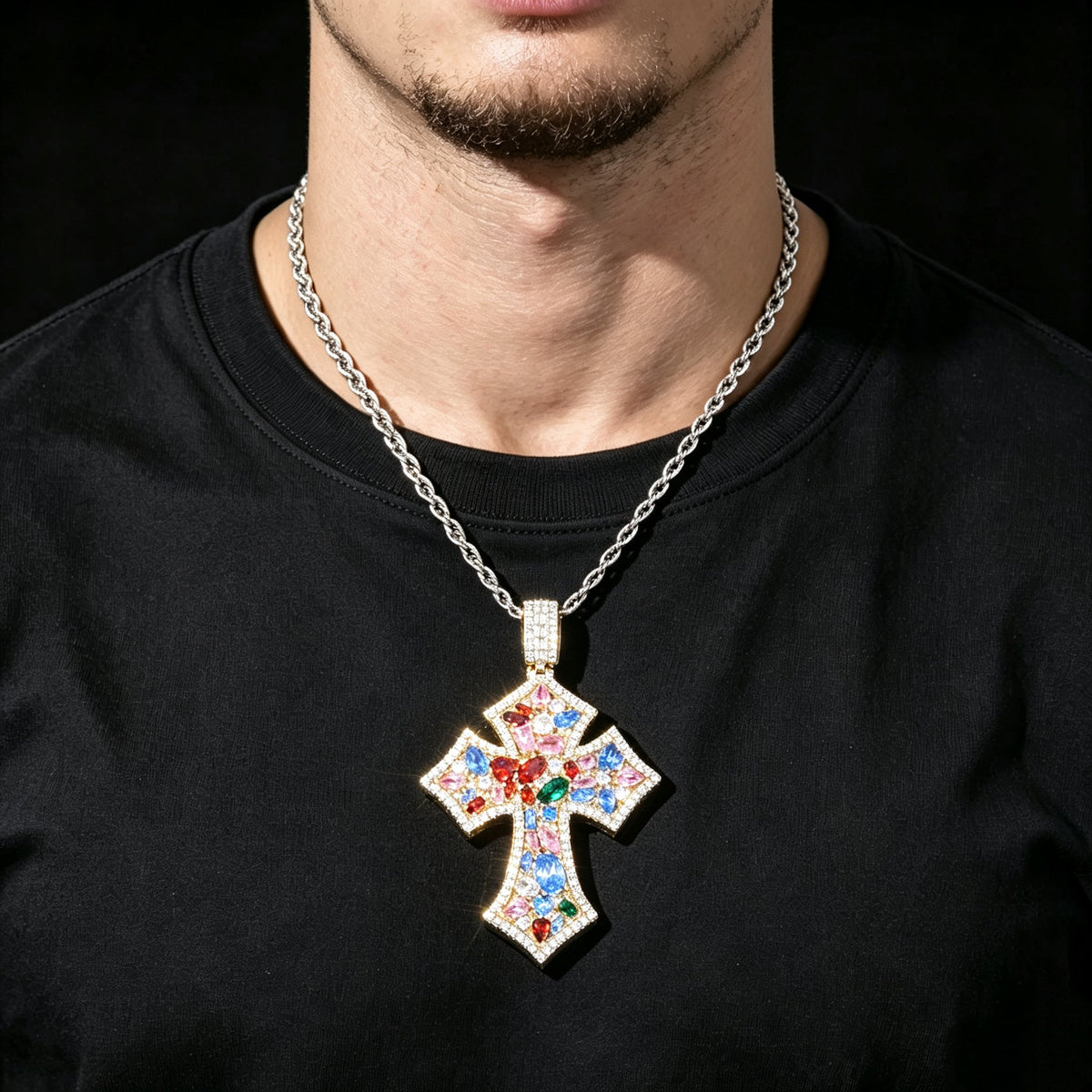 Colorful Gemstone Cross Pendant Necklace – Iced Out Multicolor Zircon Hip Hop Cross Jewelry for Men & Women | Esekeem PEN296 Gold - KRWN Fine Jewelry