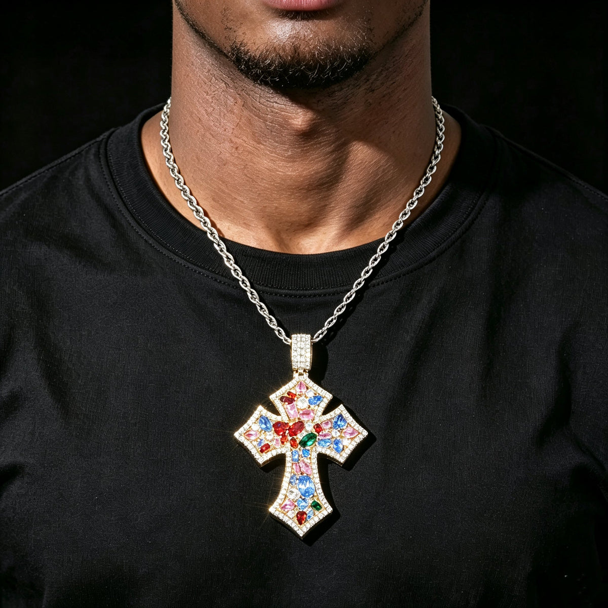 Colorful Gemstone Cross Pendant Necklace – Iced Out Multicolor Zircon Hip Hop Cross Jewelry for Men & Women | Esekeem PEN296 Gold - KRWN Fine Jewelry
