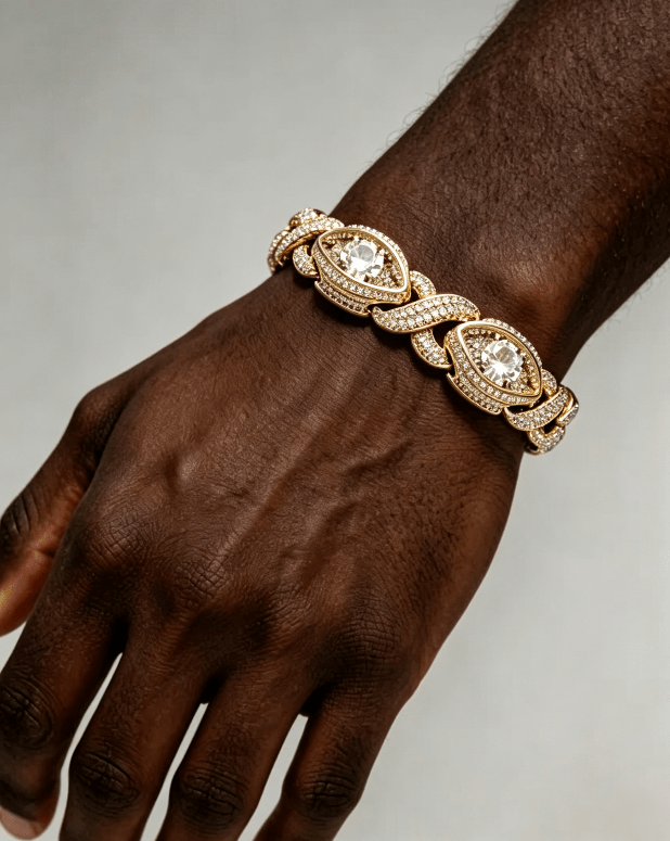 Cuba Eye Cuban Link Bracelet 15mm — Marquise Oval Link Iced Out Moissanite Gold Plated Chain for Men Yellow Gold - KRWN Fine Jewelry