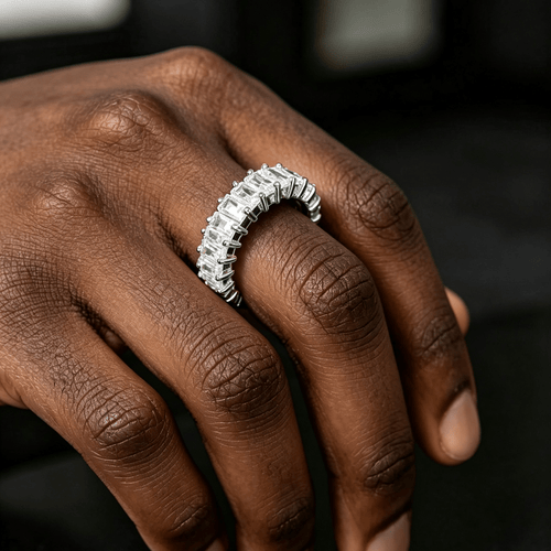 Esk EEM Emerald Cut CZ Eternity Band Ring | Iced Out Hip Hop Cuban Style | 18K Gold & White Gold Plated Copper | Unisex Statement Wedding Band Men Women Sizes 7-11 White Gold - KRWN Fine Jewelry
