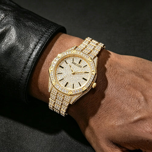 Full Iced Out Men's Watch - Diamond Pave Octagon Luxury Quartz Wristwatch Gold - KRWN Fine Jewelry