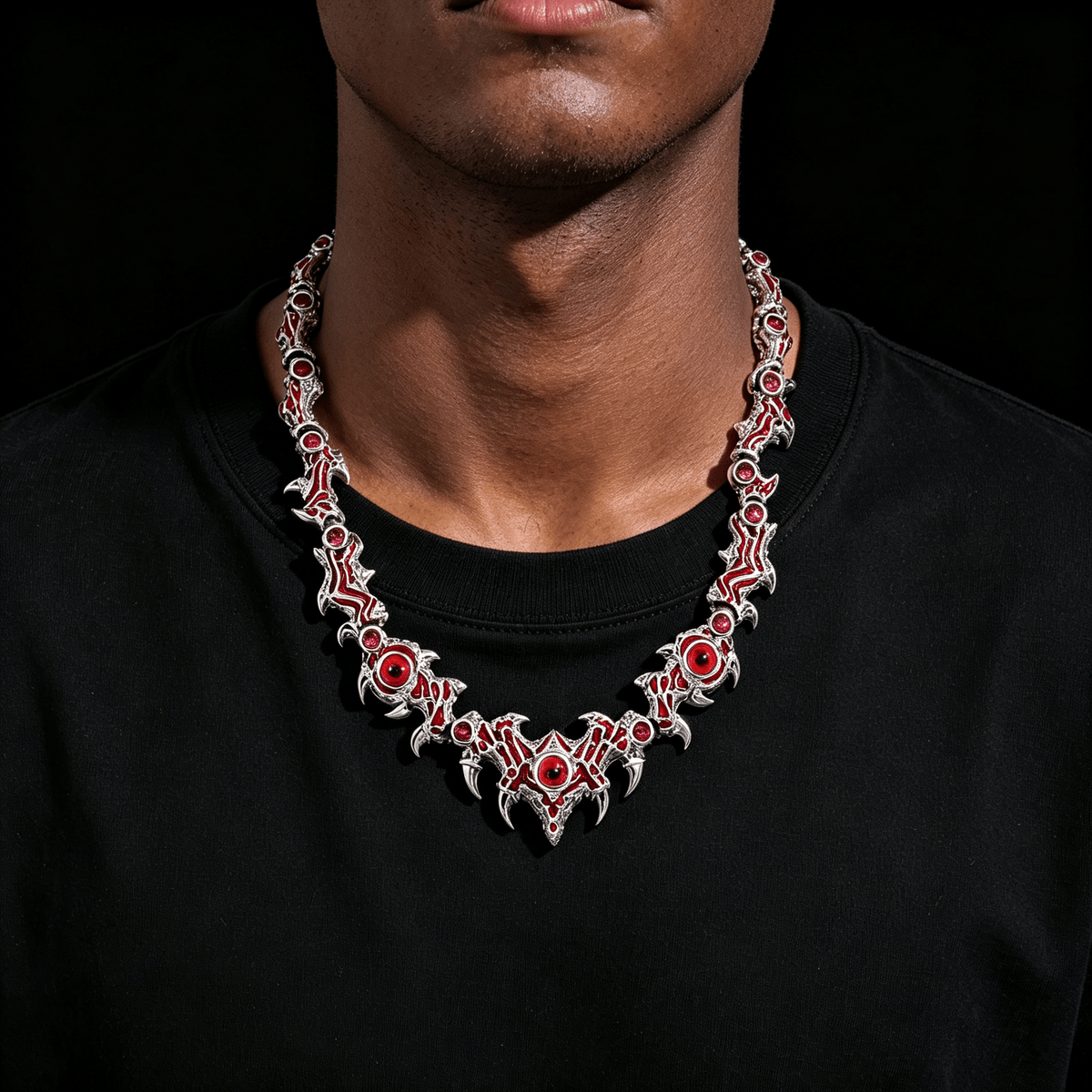 Gothic Evil Eye Chain Necklace for Men – Red Flame Thorn CZ Hip Hop Jewelry Silver 18-22 Inch Silver - KRWN Fine Jewelry