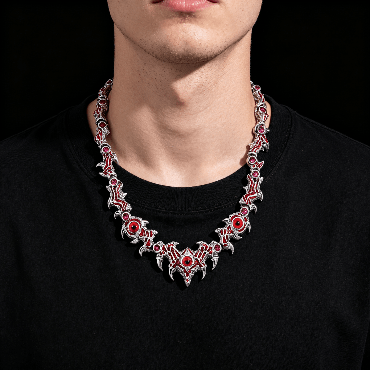 Gothic Evil Eye Chain Necklace for Men – Red Flame Thorn CZ Hip Hop Jewelry Silver 18-22 Inch Silver - KRWN Fine Jewelry