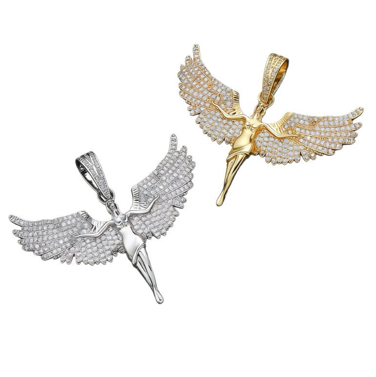 Iced Angel Wings Pendant Necklace AAAAA+ CZ Diamond Rope Chain Hip Hop Jewelry Gold - KRWN Fine Jewelry