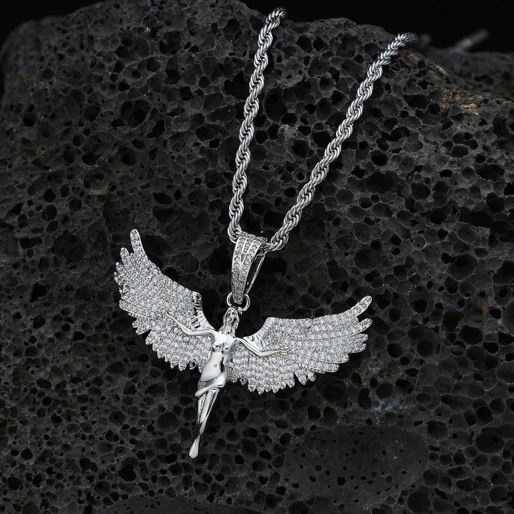 Iced Angel Wings Pendant Necklace AAAAA+ CZ Diamond Rope Chain Hip Hop Jewelry Silver - KRWN Fine Jewelry
