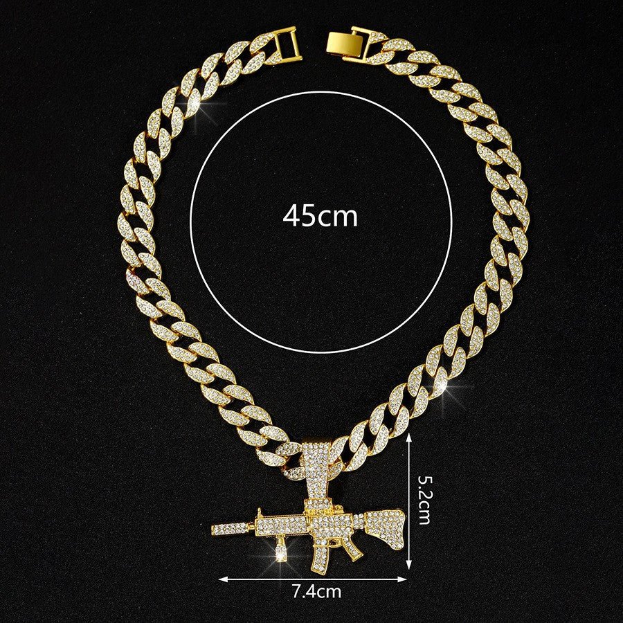 Iced Out AK47 Gun Pendant Necklace 18inch Cuban Link Chain Hip Hop Jewelry Gold - KRWN Fine Jewelry