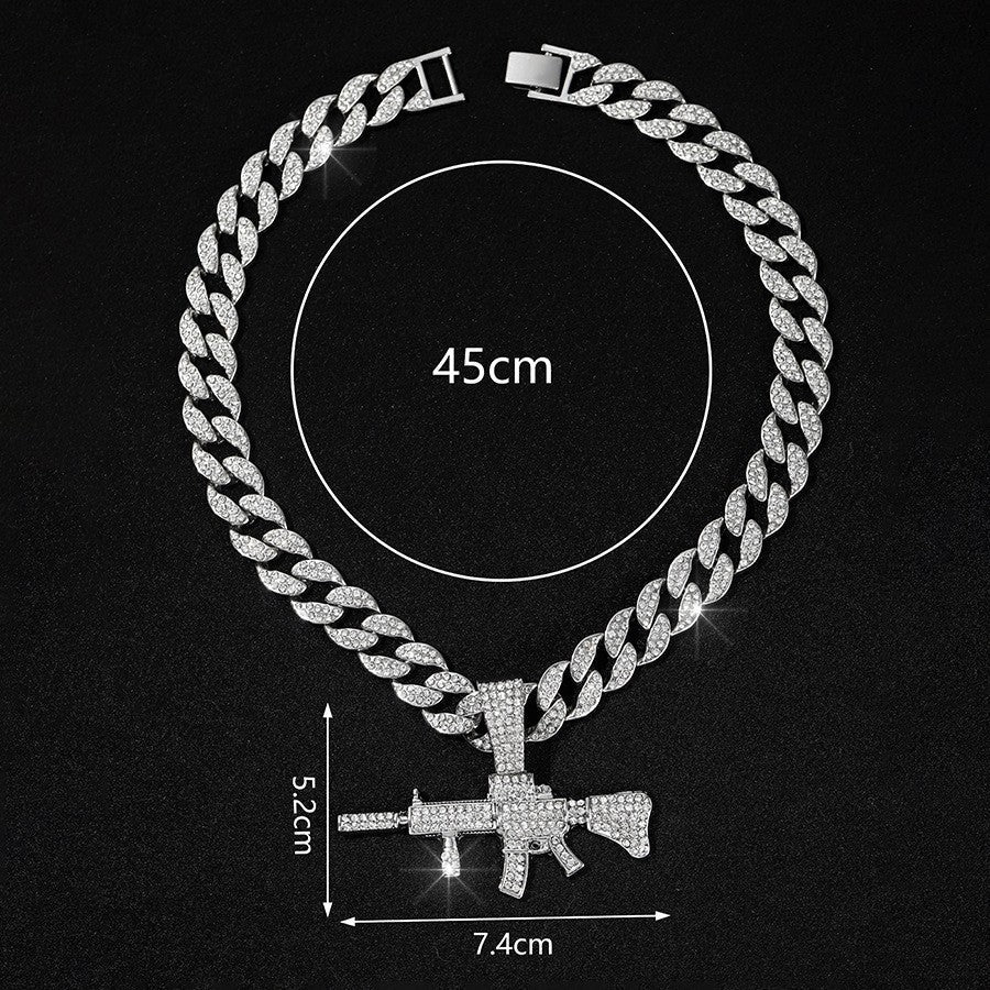 Iced Out AK47 Gun Pendant Necklace 18inch Cuban Link Chain Hip Hop Jewelry Silver - KRWN Fine Jewelry