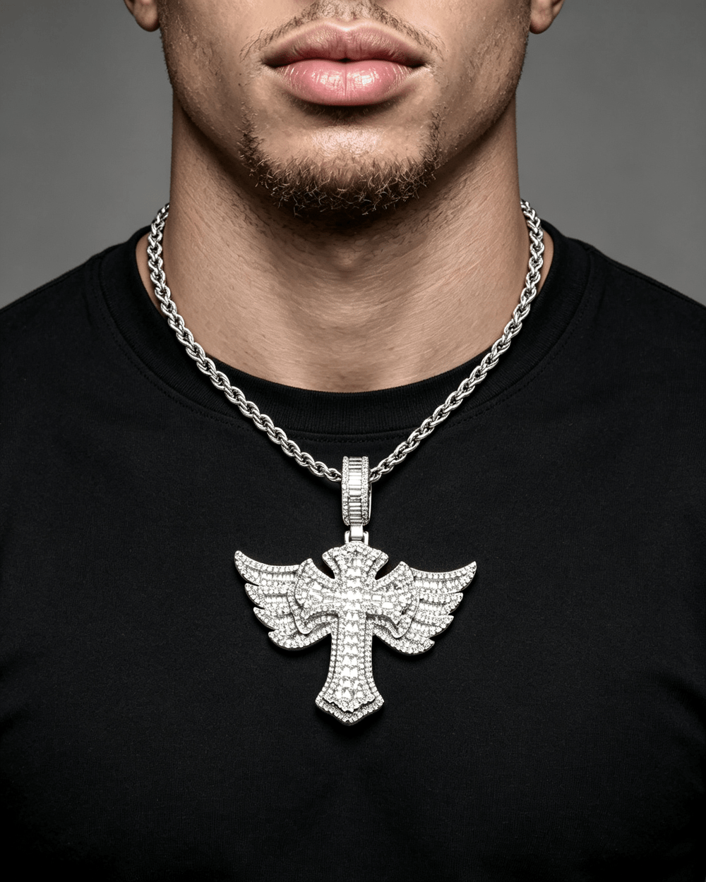 Iced Out Baguette Moissanite Cross with Angel Wings – 925 Sterling Silver Hip Hop Pendant Necklace | VVS Stones | GRA Certified Silver - KRWN Fine Jewelry