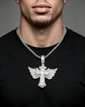 Iced Out Baguette Moissanite Cross with Angel Wings – 925 Sterling Silver Hip Hop Pendant Necklace | VVS Stones | GRA Certified Silver - KRWN Fine Jewelry