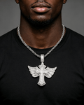 Iced Out Baguette Moissanite Cross with Angel Wings – 925 Sterling Silver Hip Hop Pendant Necklace | VVS Stones | GRA Certified Silver - KRWN Fine Jewelry