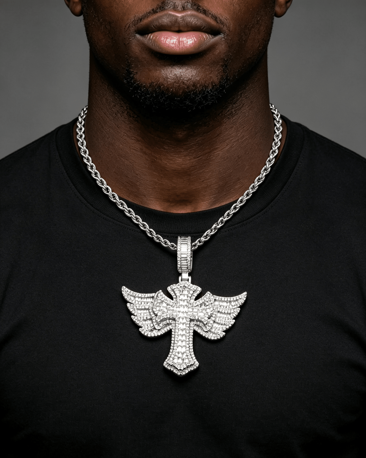 Iced Out Baguette Moissanite Cross with Angel Wings – 925 Sterling Silver Hip Hop Pendant Necklace | VVS Stones | GRA Certified Silver - KRWN Fine Jewelry