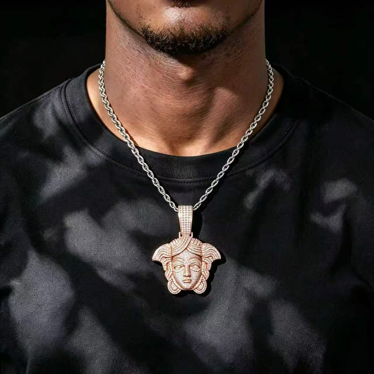 Iced Out Buddha Head Moissanite Pendant Necklace – S925 Sterling Silver Meditating Buddha Charm with 3mm Twist Chain, Hip Hop Religious Jewelry, 24" | GRA Certified Rose Gold - KRWN Fine Jewelry