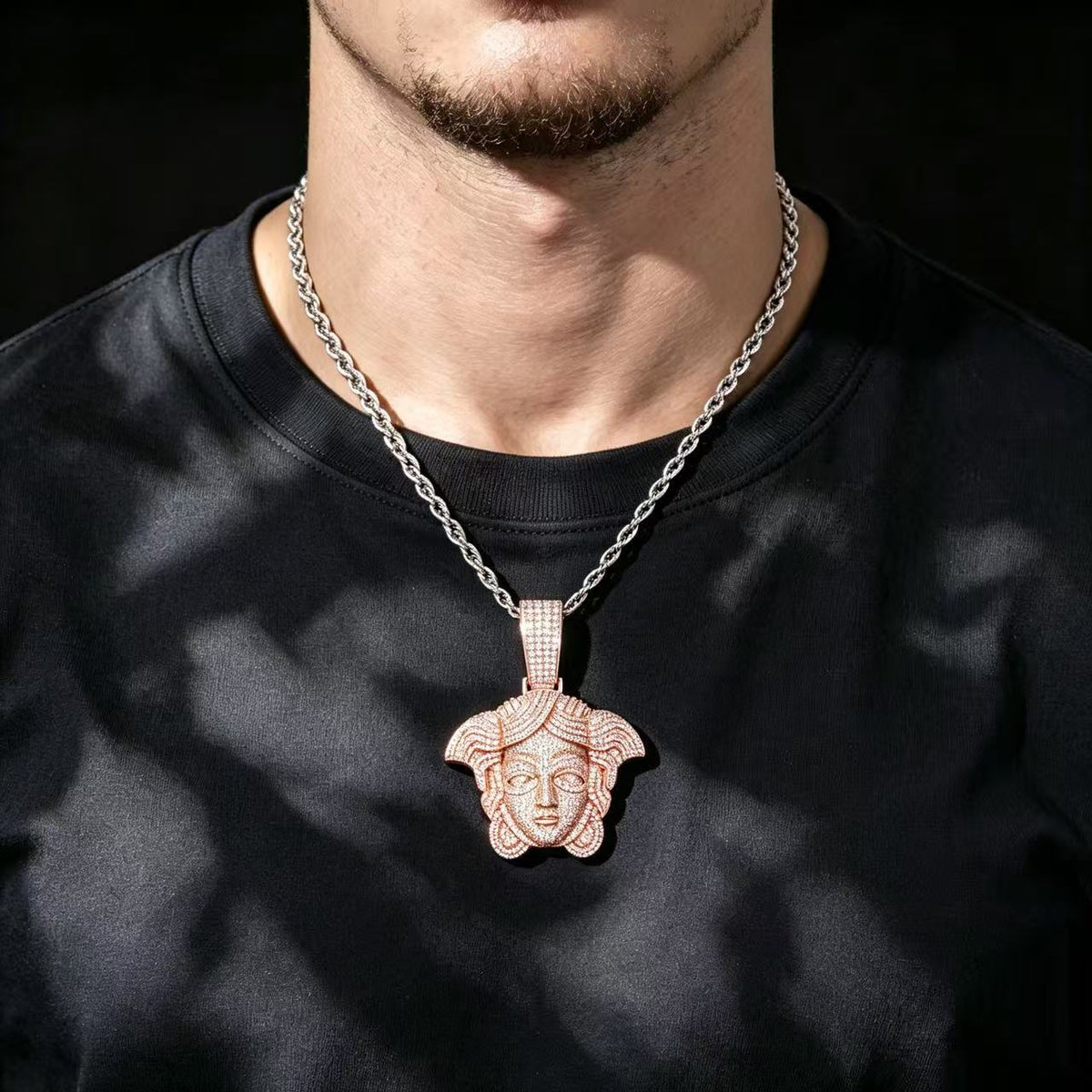 Iced Out Buddha Head Moissanite Pendant Necklace – S925 Sterling Silver Meditating Buddha Charm with 3mm Twist Chain, Hip Hop Religious Jewelry, 24" | GRA Certified Rose Gold - KRWN Fine Jewelry