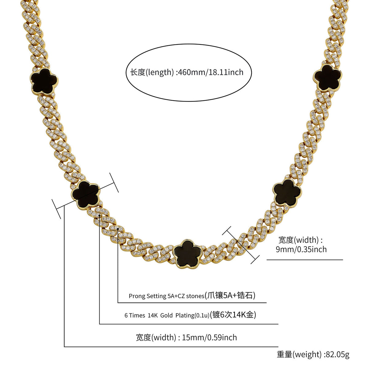 Iced Out Clover Cuban Link Chain Necklace Black Four Leaf Clover Hip Hop Gold - KRWN Fine Jewelry