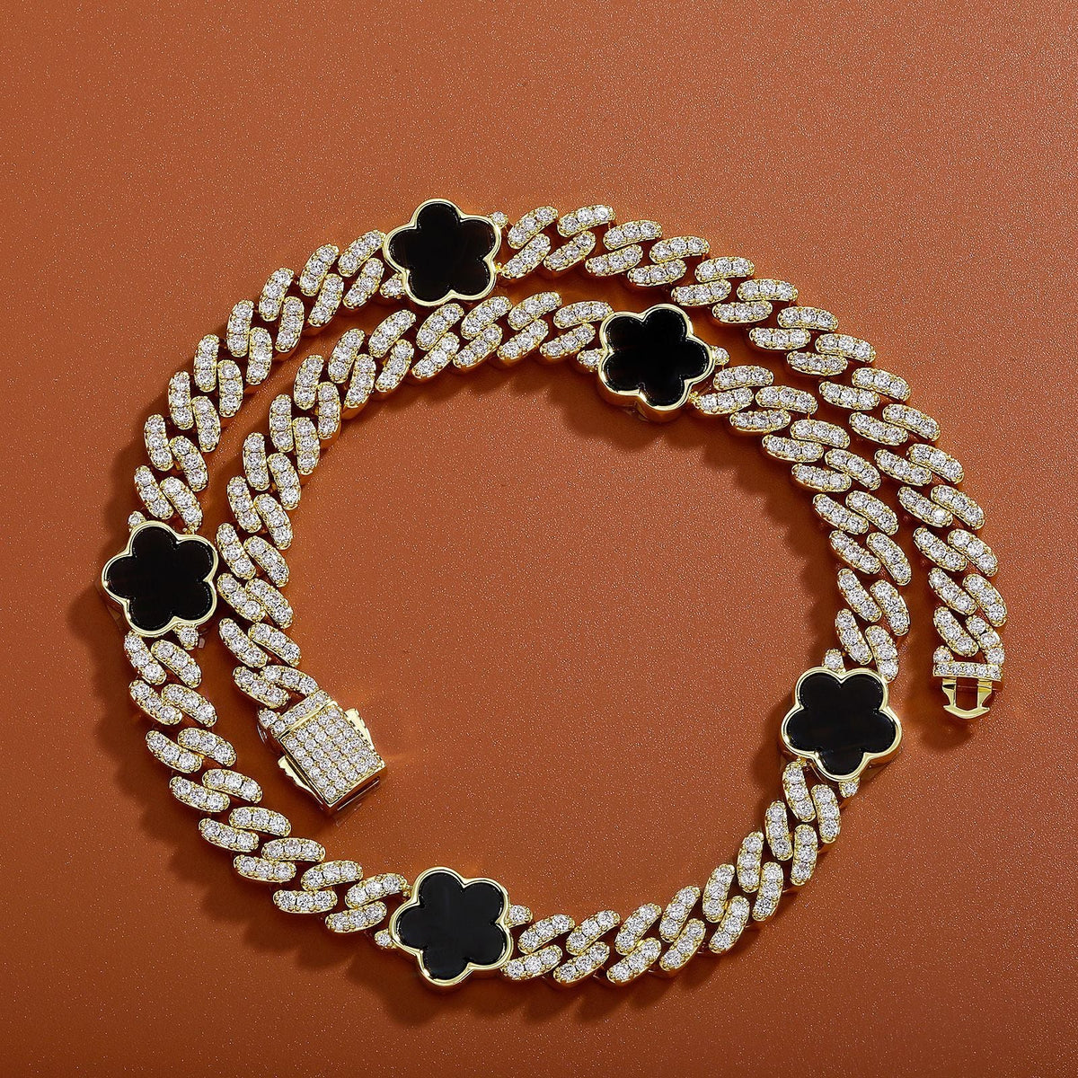 Iced Out Clover Cuban Link Chain Necklace Black Four Leaf Clover Hip Hop Gold - KRWN Fine Jewelry