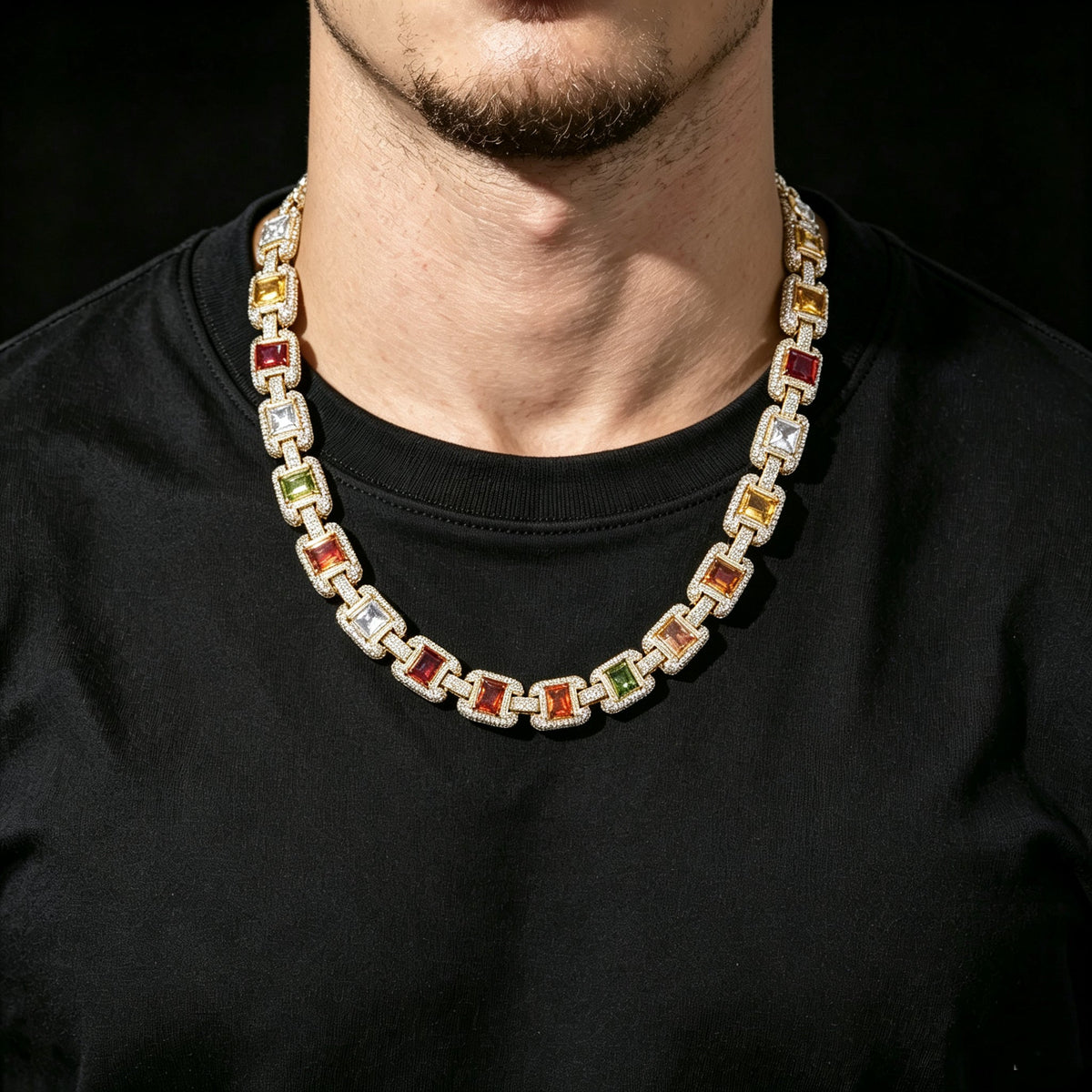 Iced Out Colorful Gemstone Chain Necklace – 12MM Multi-Color Zircon Square Link Hip Hop Jewelry | Esekeem Gold - KRWN Fine Jewelry