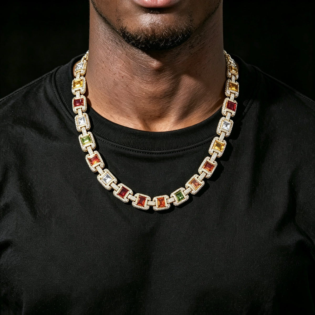 Iced Out Colorful Gemstone Chain Necklace – 12MM Multi-Color Zircon Square Link Hip Hop Jewelry | Esekeem Gold - KRWN Fine Jewelry