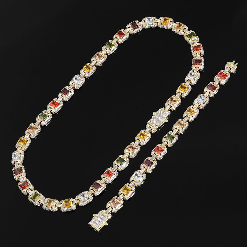 Iced Out Colorful Gemstone Chain Necklace – 12MM Multi-Color Zircon Square Link Hip Hop Jewelry | Esekeem Gold - KRWN Fine Jewelry