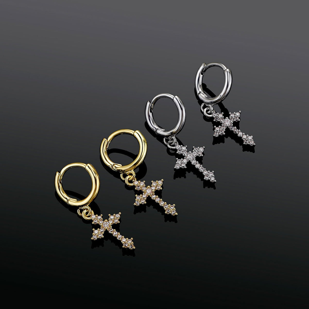 Iced Out Cross Hoop Earrings CZ Diamond Gold Silver Huggie Earring Silver - KRWN Fine Jewelry
