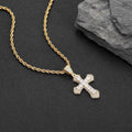 Iced Out Cross Pendant Necklace - Princess Cut Colorful CZ 24" Rope Chain Hip Hop Jewelry Gold (Clear CZ) - KRWN Fine Jewelry