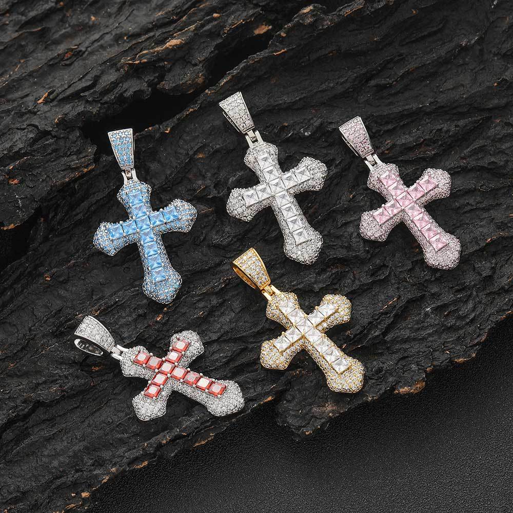 Iced Out Cross Pendant Necklace - Princess Cut Colorful CZ 24" Rope Chain Hip Hop Jewelry Pink - KRWN Fine Jewelry