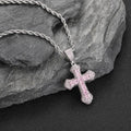 Iced Out Cross Pendant Necklace - Princess Cut Colorful CZ 24" Rope Chain Hip Hop Jewelry Pink - KRWN Fine Jewelry