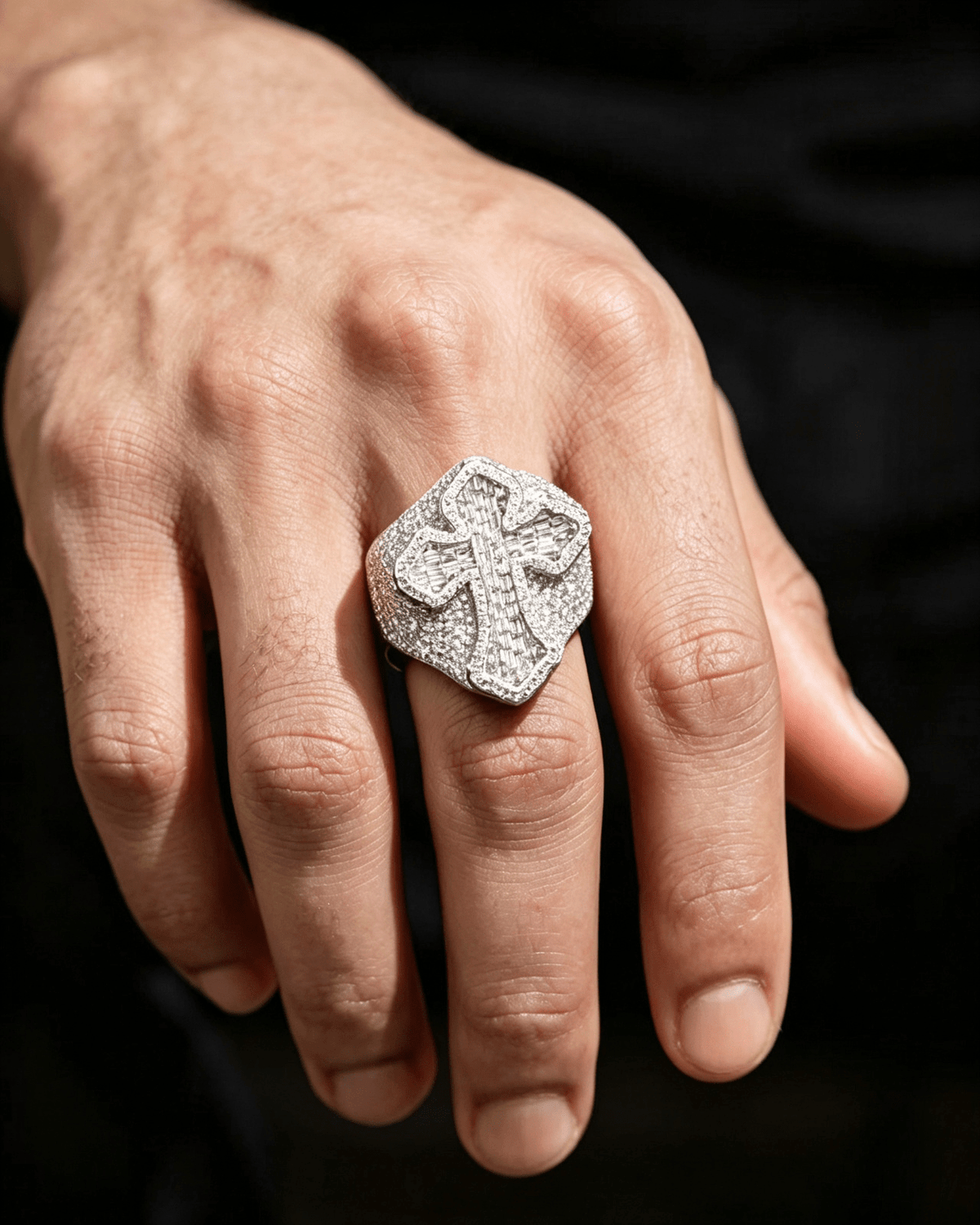 Iced Out Cross Ring – S925 Silver Baguette & Round Moissanite Hip Hop Cross Statement Ring for Men & Women, Pass Diamond Tester | GRA Certified Gold - KRWN Fine Jewelry