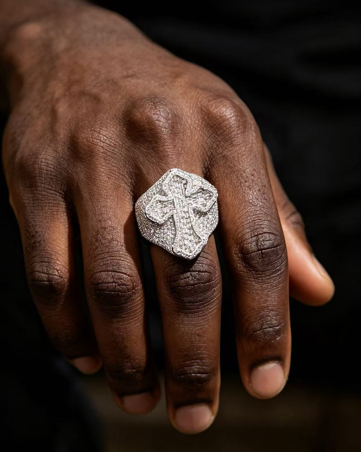 Iced Out Cross Ring – S925 Silver Baguette & Round Moissanite Hip Hop Cross Statement Ring for Men & Women, Pass Diamond Tester | GRA Certified Silver - KRWN Fine Jewelry