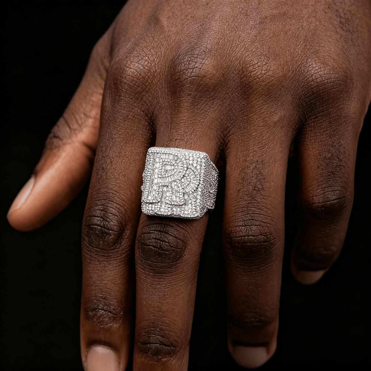 Iced Out Custom Letter Ring — Baguette CZ Initial Ring for Men, Gold Plated Hip Hop Bling Pinky Ring, Sizes 7-10 White Gold - KRWN Fine Jewelry