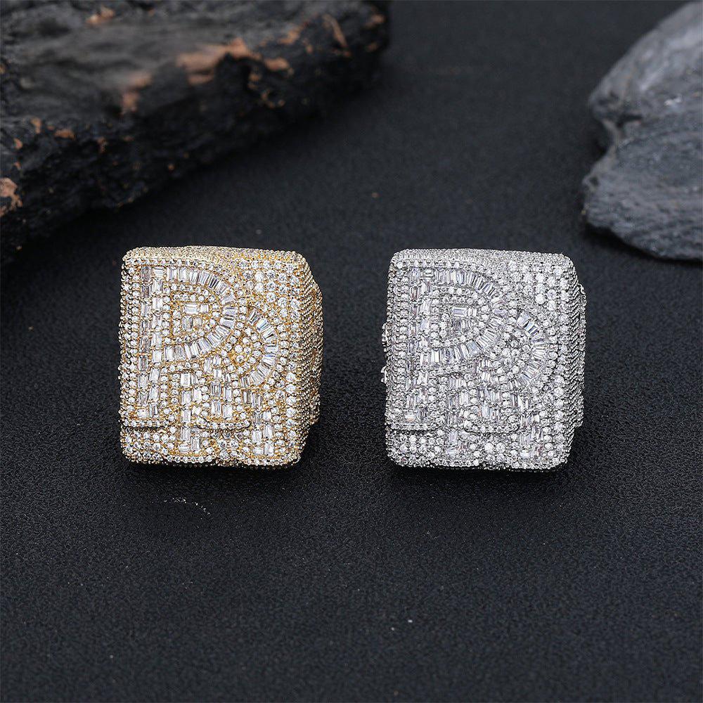 Iced Out Custom Letter Ring — Baguette CZ Initial Ring for Men, Gold Plated Hip Hop Bling Pinky Ring, Sizes 7-10 White Gold - KRWN Fine Jewelry
