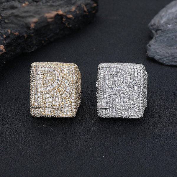 Iced Out Custom Letter Ring — Baguette CZ Initial Ring for Men, Gold Plated Hip Hop Bling Pinky Ring, Sizes 7-10 White Gold - KRWN Fine Jewelry