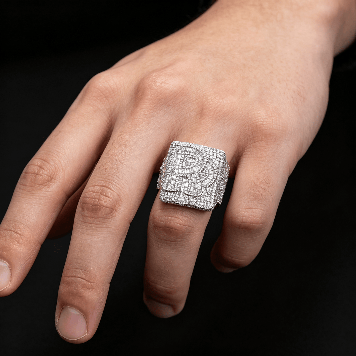 Iced Out Custom Letter Ring — Baguette CZ Initial Ring for Men, Gold Plated Hip Hop Bling Pinky Ring, Sizes 7-10 White Gold - KRWN Fine Jewelry