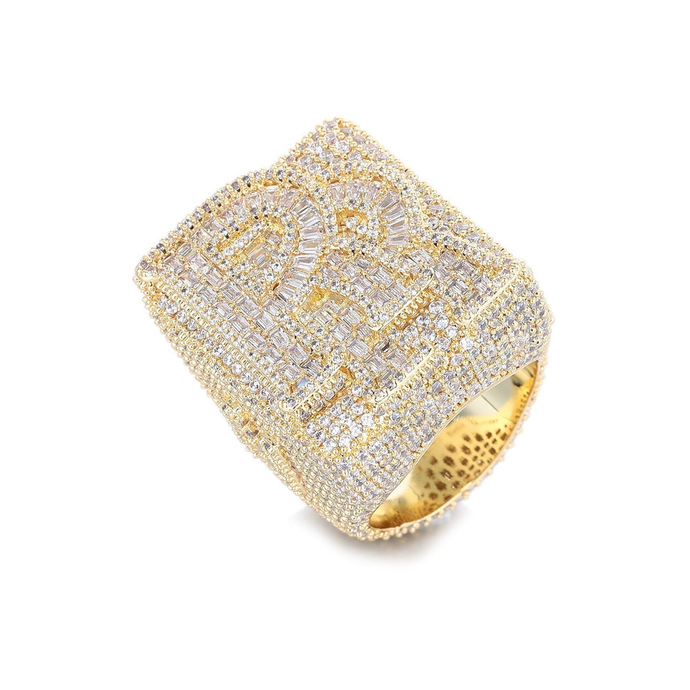 Iced Out Custom Letter Ring — Baguette CZ Initial Ring for Men, Gold Plated Hip Hop Bling Pinky Ring, Sizes 7-10 Yellow Gold - KRWN Fine Jewelry
