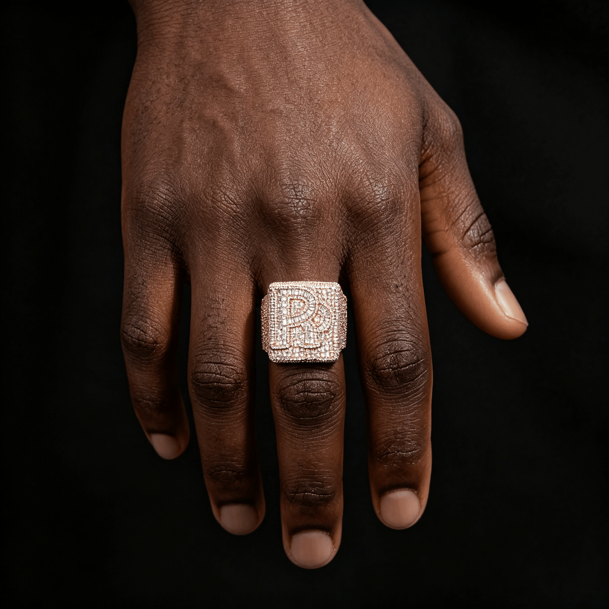 Iced Out Custom Letter Ring — Baguette CZ Initial Ring for Men, Gold Plated Hip Hop Bling Pinky Ring, Sizes 7-10 Yellow Gold - KRWN Fine Jewelry