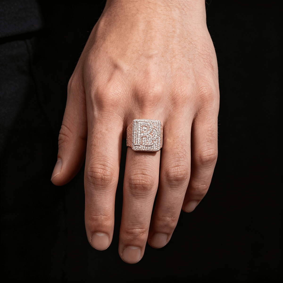 Iced Out Custom Letter Ring — Baguette CZ Initial Ring for Men, Gold Plated Hip Hop Bling Pinky Ring, Sizes 7-10 Yellow Gold - KRWN Fine Jewelry